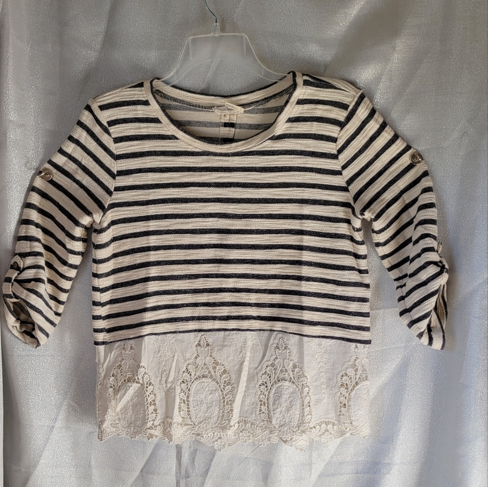 Blu Pepper White Burgundy Striped Layered Look Cotton Blend Eyelet Top Size Larg